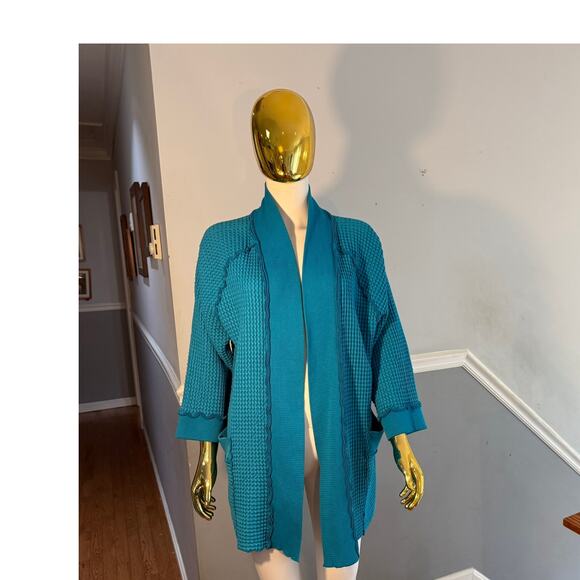 Focus Fashions Textured Open Front Cotton Cardigan Jacket Size Large Teal - Picture 1 of 8